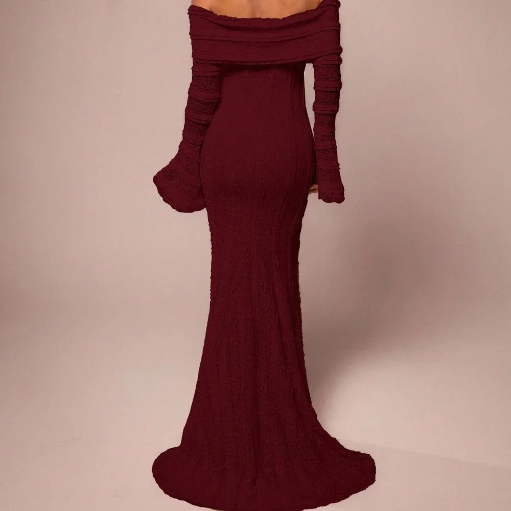 Burgundy Elegant Women's Off-Shoulder Maxi Dress - Picture 2 of 8